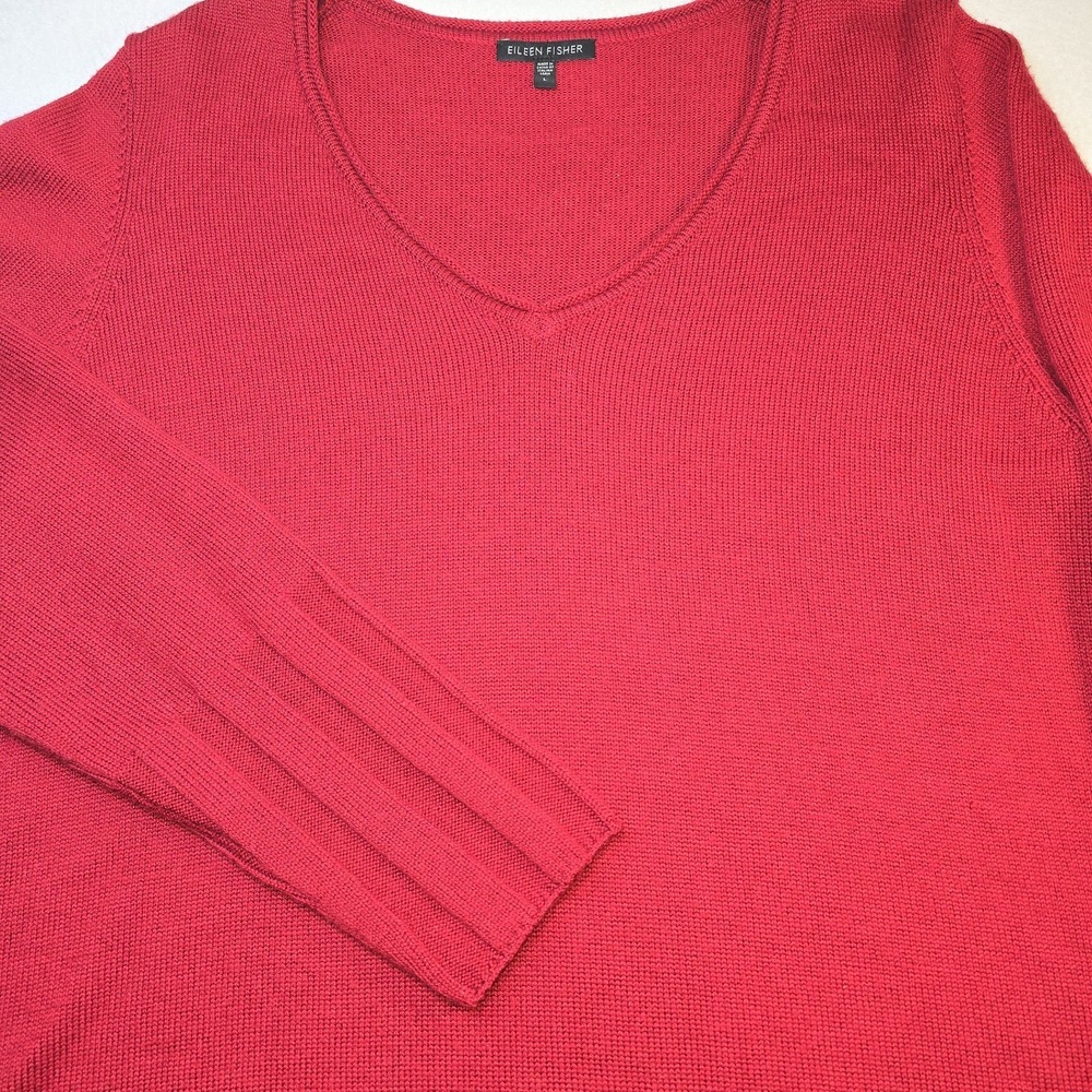 Eileen Fisher Merino Wool Sweater L Red V-Neck Quiet Luxury Minimalist Lagenlook